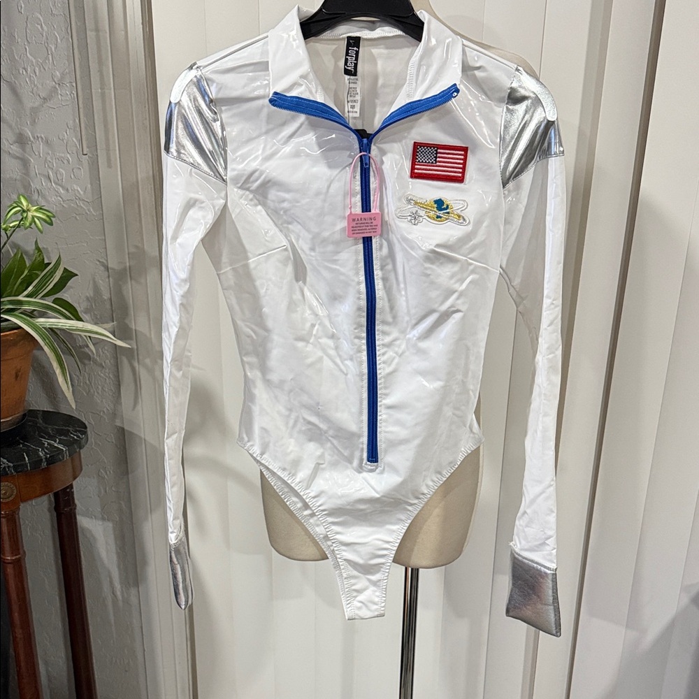 White & Silver NASA Long-Sleeve Women’s Swim Bodysuit with Blue Zip